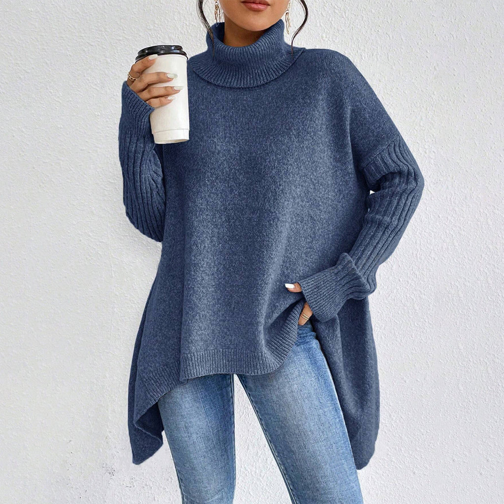 Women’s Irregular Turtleneck Sweater – Loose Knit Long-Sleeve Pullover