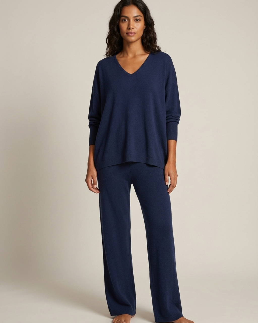 Women’s V-Neck Long Sleeve Top and Knit Pants – 2-Piece Loungewear Set