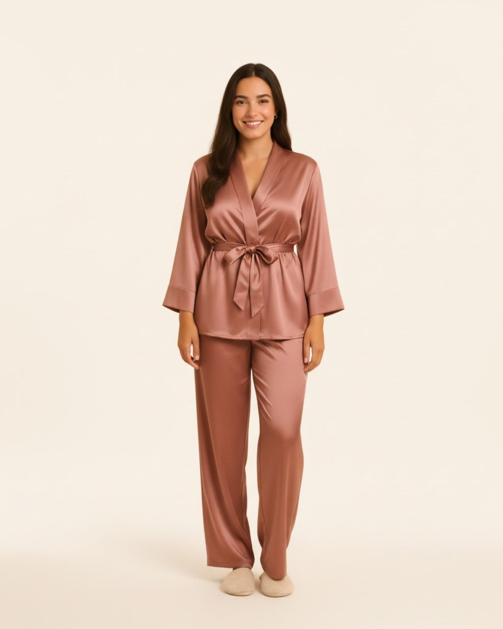Damespyjamaset bestaande uit een badjas en een broek - Midi satijnen badjas en broek