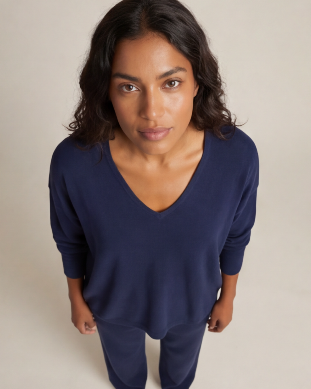 Women’s V-Neck Long Sleeve Top and Knit Pants – 2-Piece Loungewear Set
