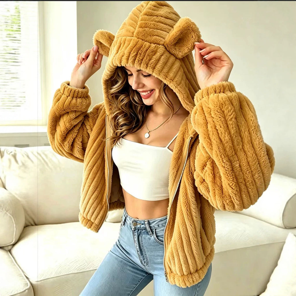 Women’s Teddy Bear Ear Hooded Plush Coat – Cozy Cute Warm Winter Style
