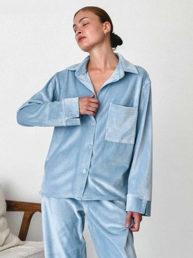 Babyblauwe pyjamaset voor dames – Zachte, comfortabele tweedelige nachtkleding