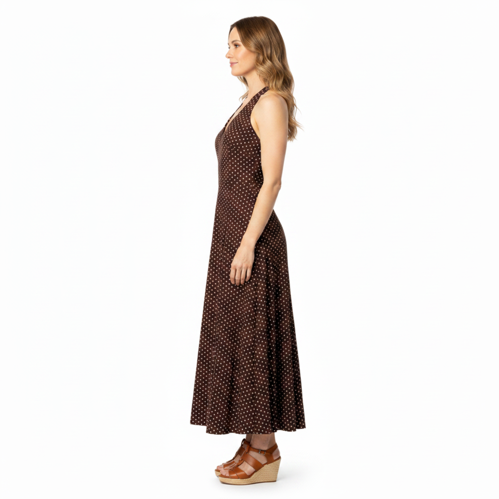 Women's Polka Dot Halter Maxi Dress – Plunging V-Neck Summer Dress
