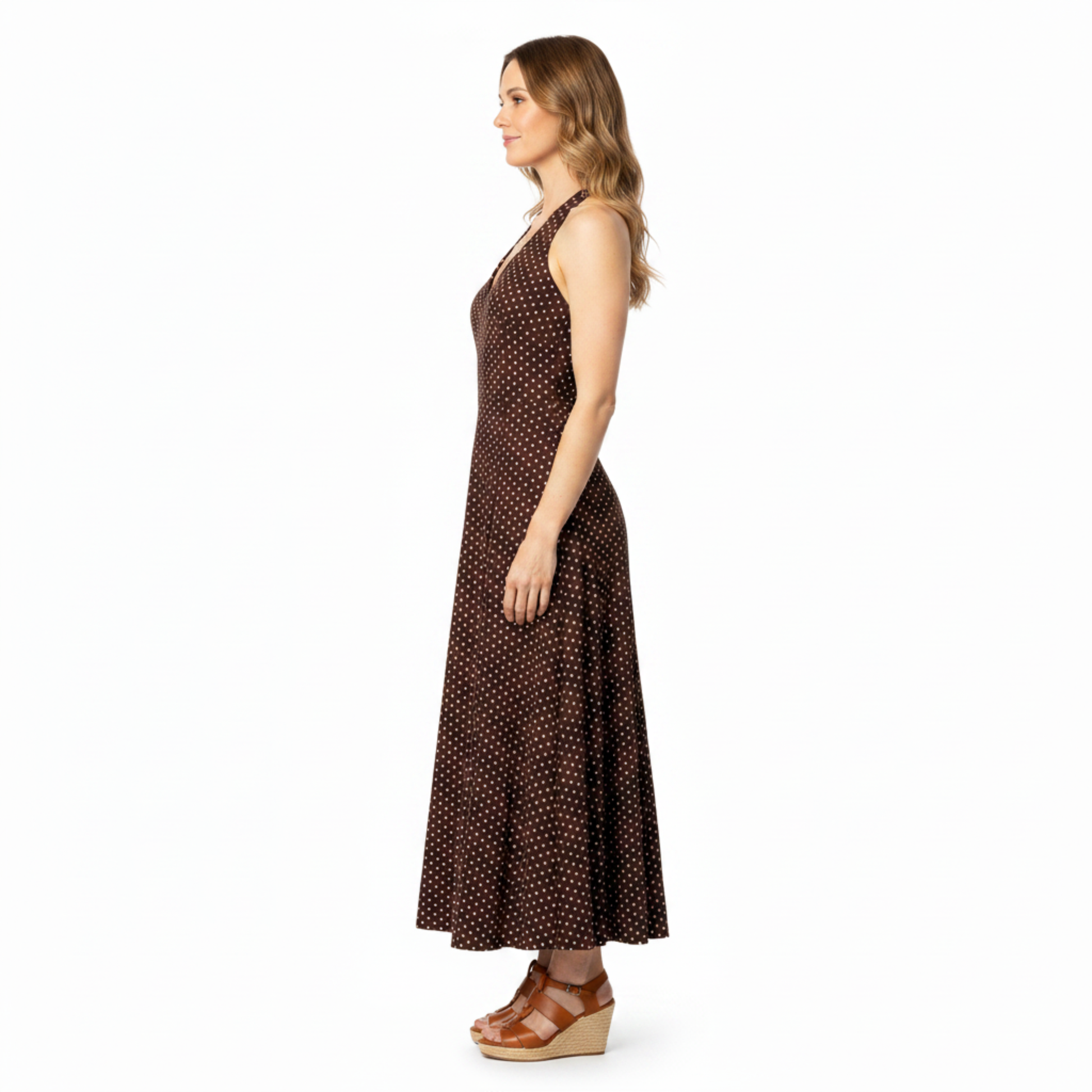 Women's Polka Dot Halter Maxi Dress – Plunging V-Neck Summer Dress