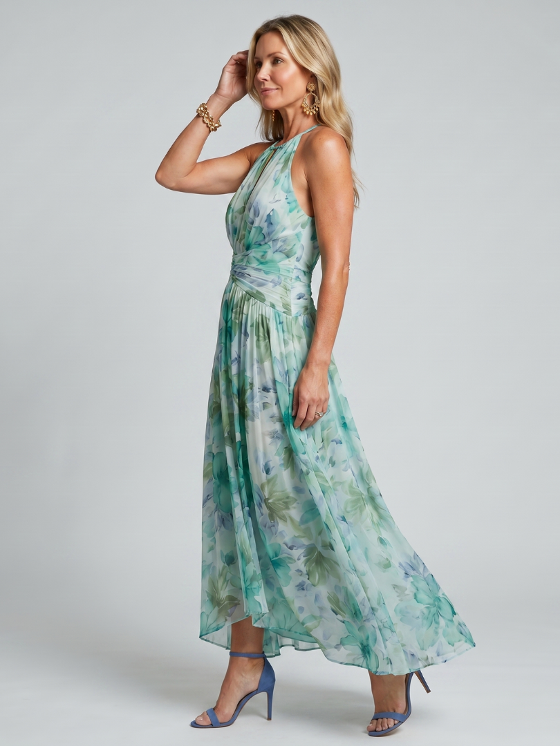 Women's Pleated Halter Soft Floral Pattern Midi Dress - Feminine Occasion Shape