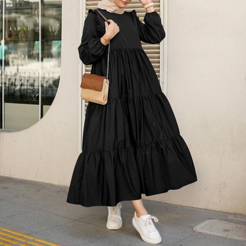 Women's Long Sleeve Midi Dress – Elegant Round Neck Day Dress
