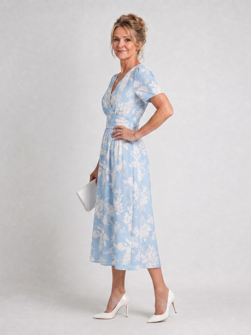 Women's Floral V-Neck Midi Dress – Short Sleeve Soft Summer Style