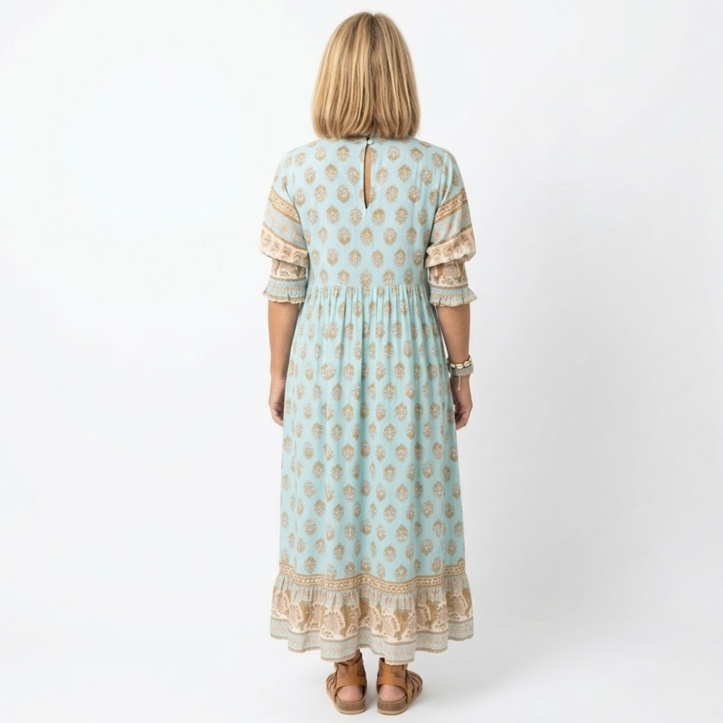 Women's Boho Floral Midi Dress – V-Neck Lantern Sleeve Dress