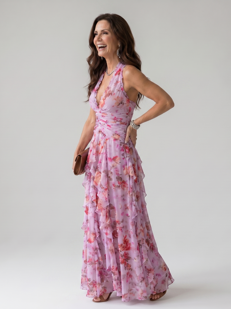 Women's Halter Neck Ruched Bodice Floral Maxi Dress - Elegant Occasion Flow