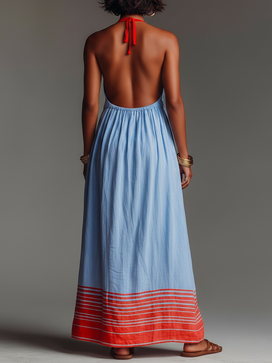 Women's Halter Maxi Dress with Striped Hem and Pockets – Relaxed Vacation Style