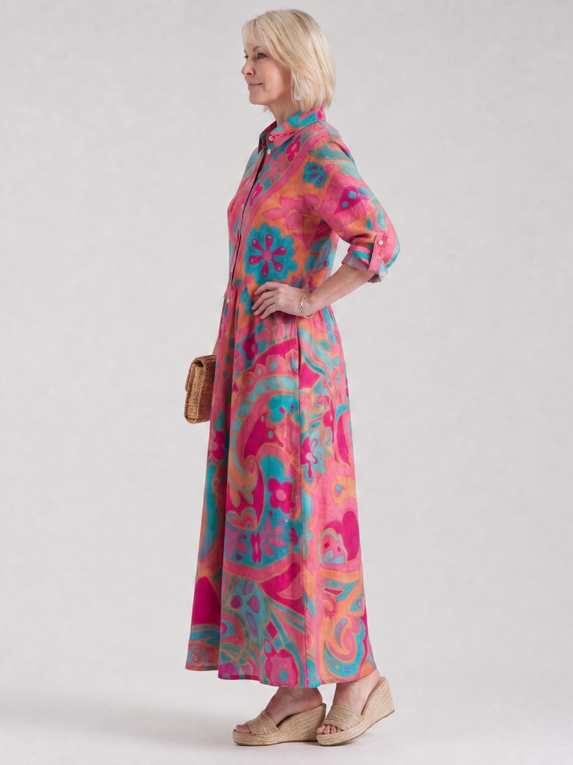 Women's Printed Button Front Collared Midi Dress – Casual Polished Daywear