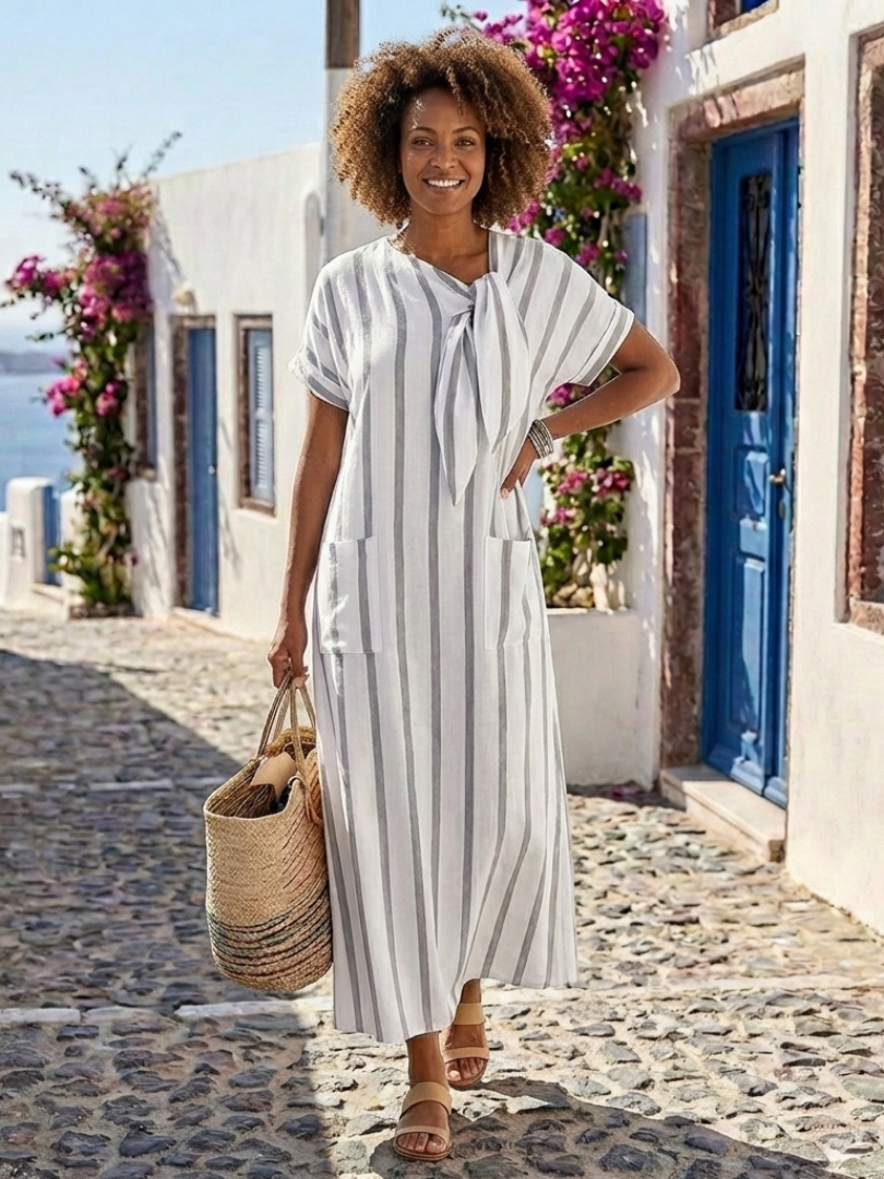 Women's Short Sleeve Striped Tie Neck Pocket Midi Dress – Relaxed Everyday Dress