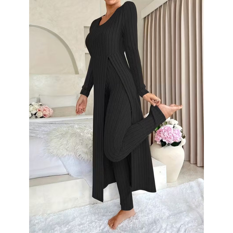 Women’s Ribbed Two-Piece Set – Split-Hem Longline Top and Wide-Leg Matching Pants