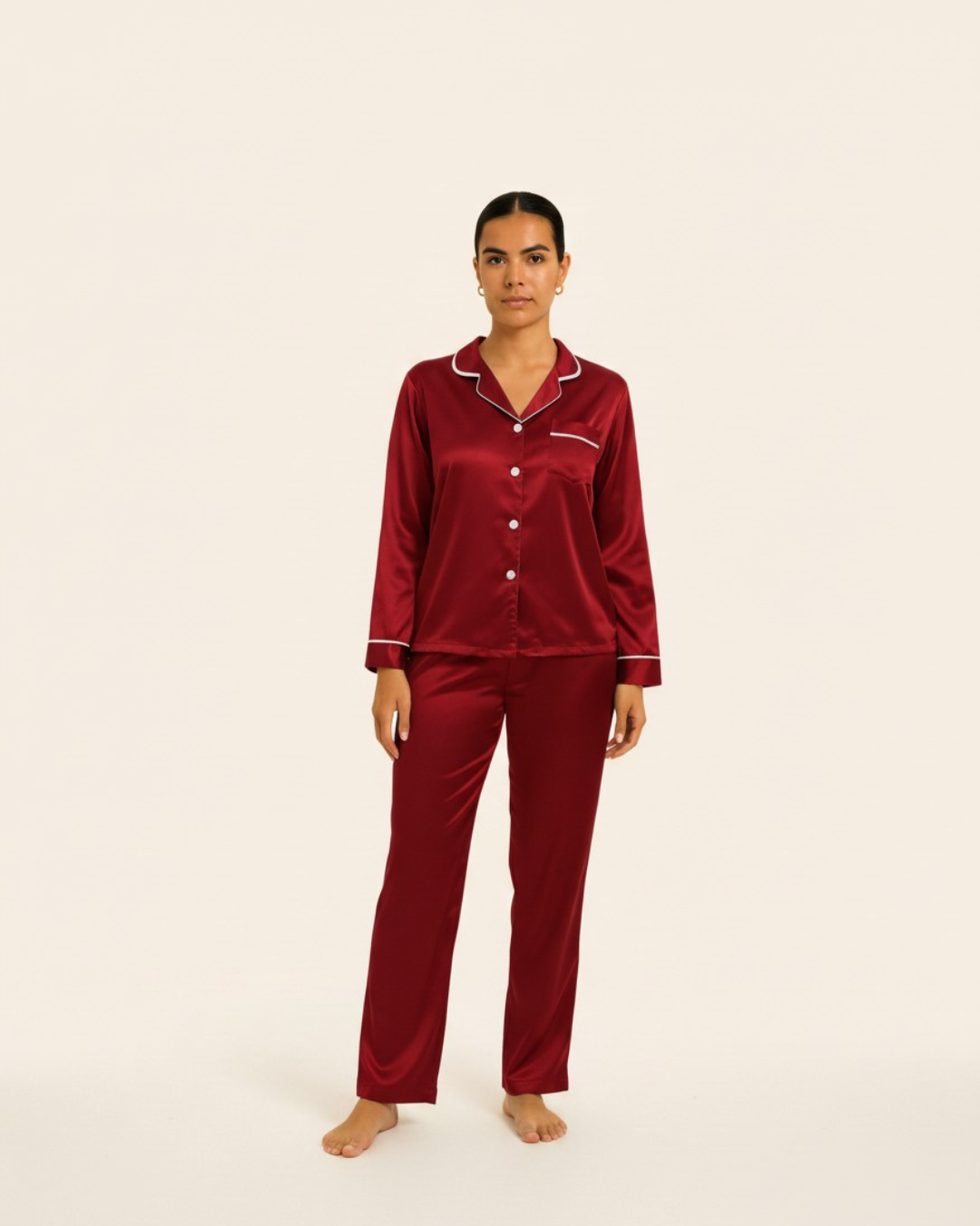 Basic effen satijnen pyjamaset voor dames