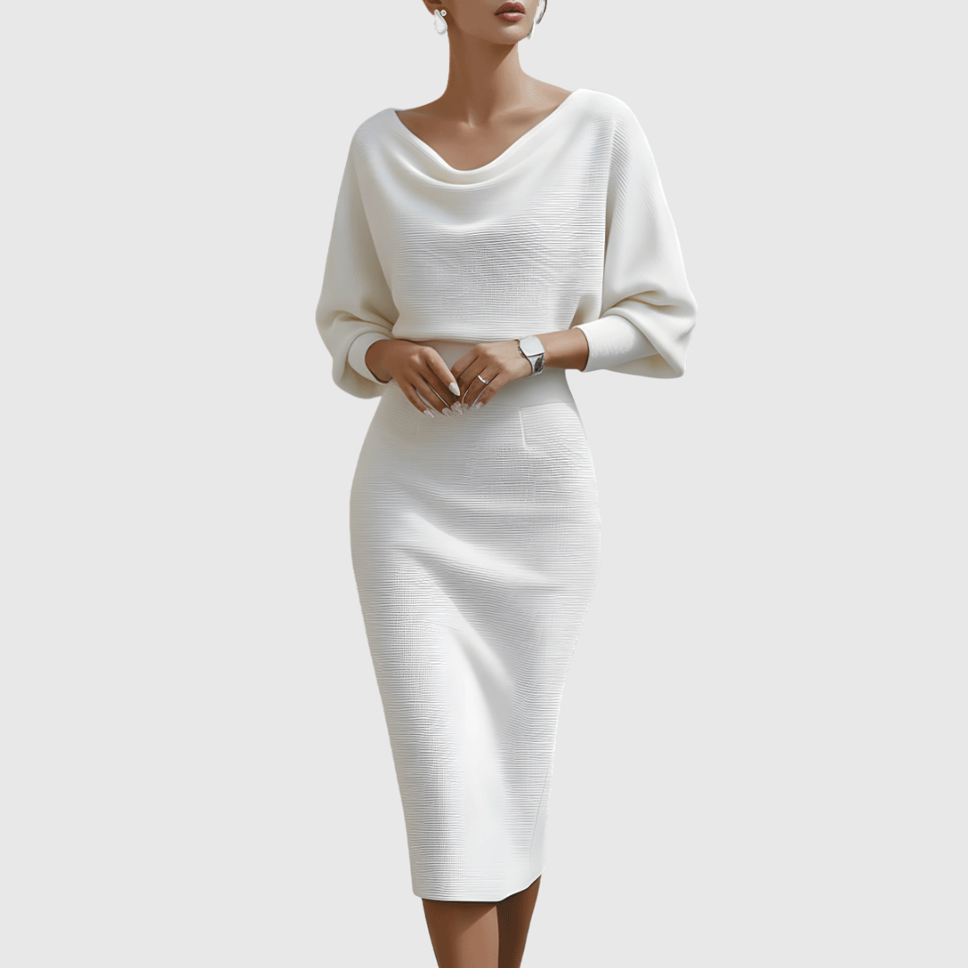 Women's Draped Batwing Sleeve Midi Dress – Elegant Occasion Dress