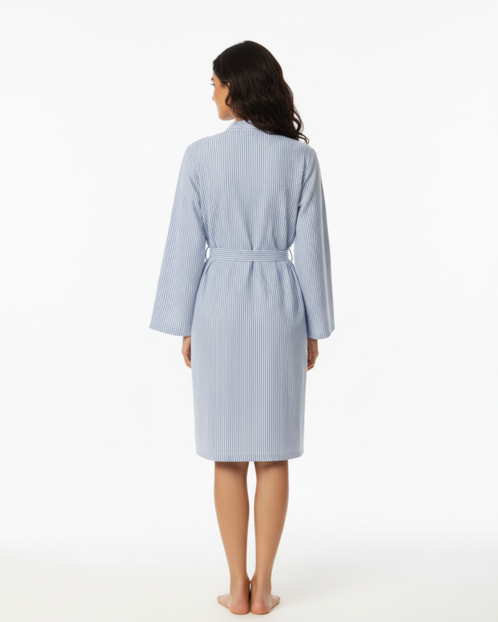 Women’s Blue and White Striped Kimono Robe – Lightweight Cotton Bathrobe