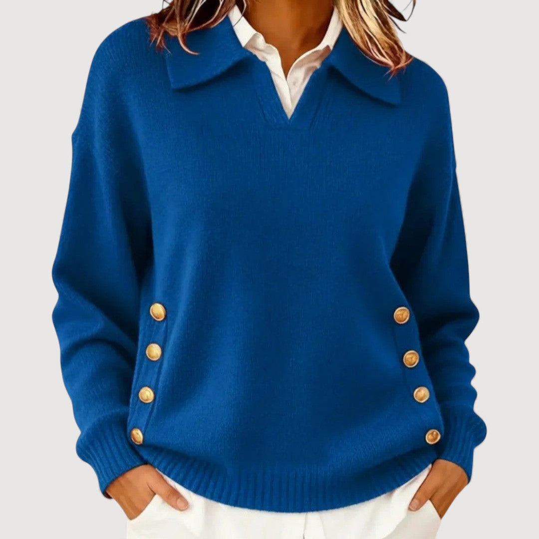 Women’s V-Neck Knit Sweater – Elegant Button-Detail Pullover