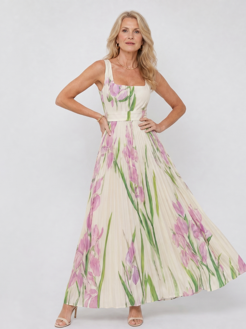 Women's Pleated Sleeveless Square Neck Midi Dress – Elegant Summer Daywear