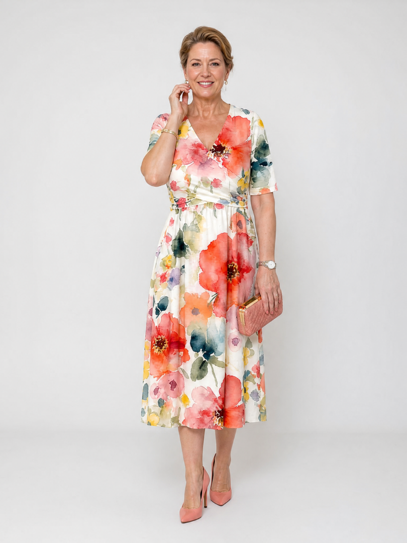 Women's Floral V-Neck Midi Dress – Short Sleeve Everyday Elegance