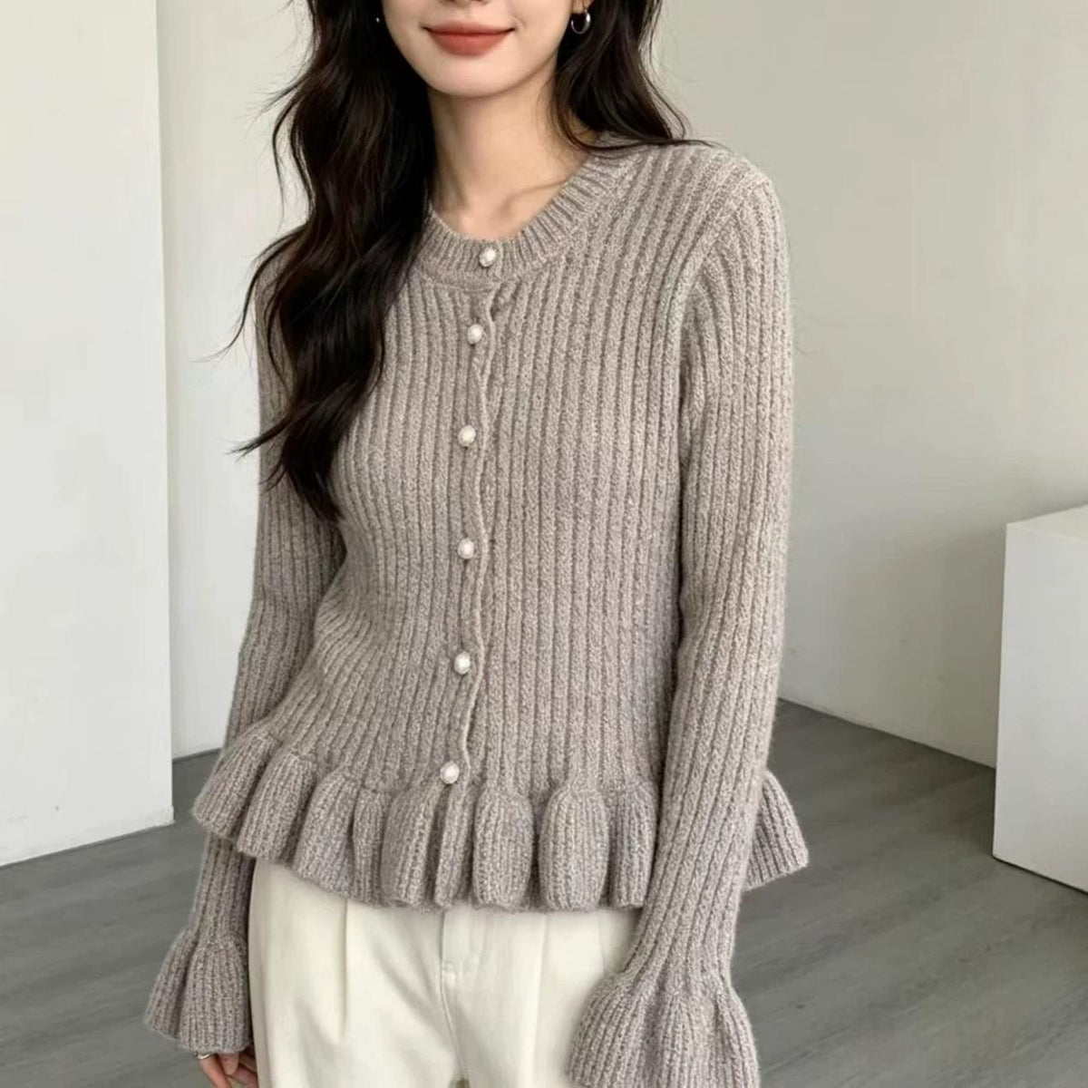 Ruffled Flared-Sleeve Knit Blouse - Elegant and Feminine
