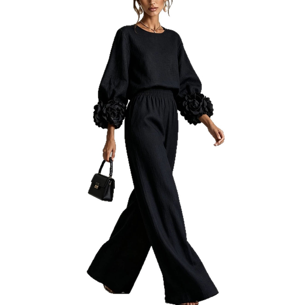 Women's Floral Cuff Two Piece Set - Relaxed Wide Leg Lounge Outfit