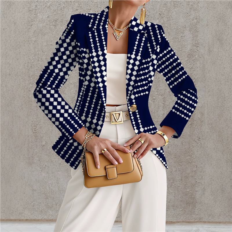 Women’s Navy Blue & White Polka Dot Blazer – Chic Elegant Casual Style