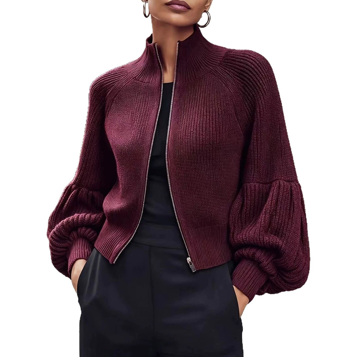 Fluffy Lantern-Sleeve Textured Sweater - Soft and Cozy