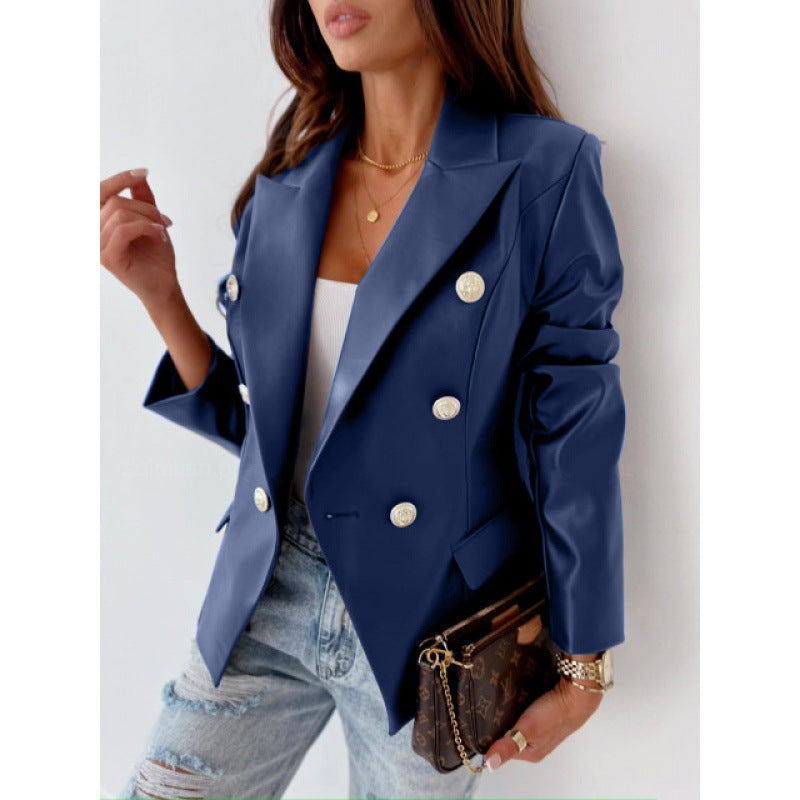 Women’s Long Sleeve Double-Breasted PU Leather Blazer – Chic Elegant Casual Formal Style