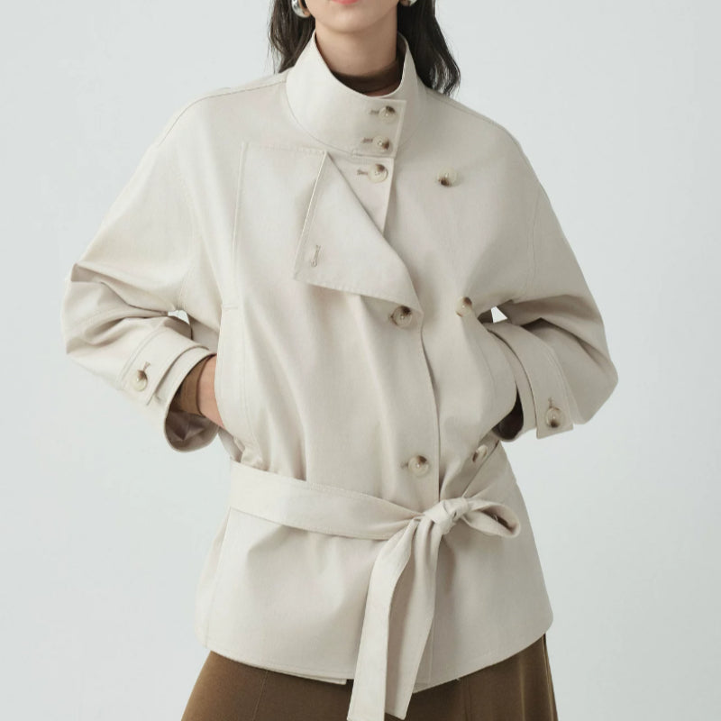 Women’s Double-Breasted Stand Collar Jacket – Tailored Petite Designer Style