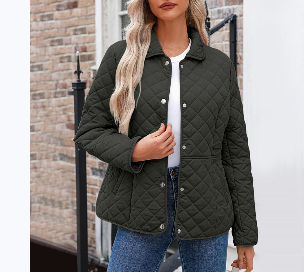 Women’s Solid Color Quilted Jacket – Casual Lapel Warm Outerwear Style
