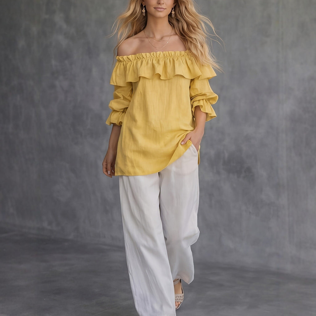Women's One-Shoulder Ruffled Puff-Sleeve Blouse – Soft Statement Daywear