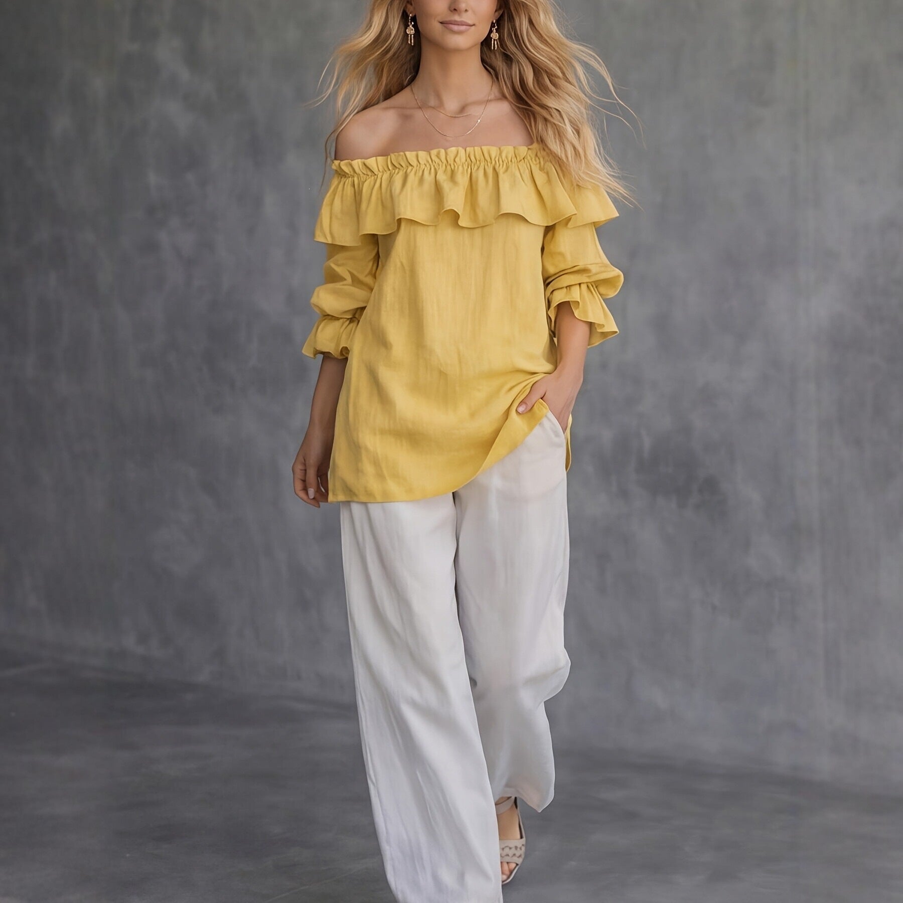 Women's One-Shoulder Ruffled Puff-Sleeve Blouse – Soft Statement Daywear