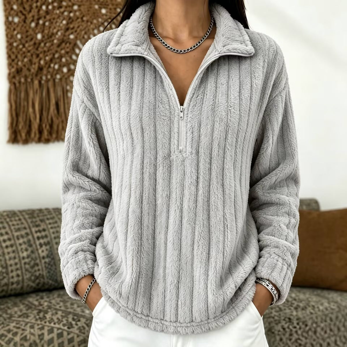 Women’s Ribbed Zip-Collar Sweater - Warm and Comfortable