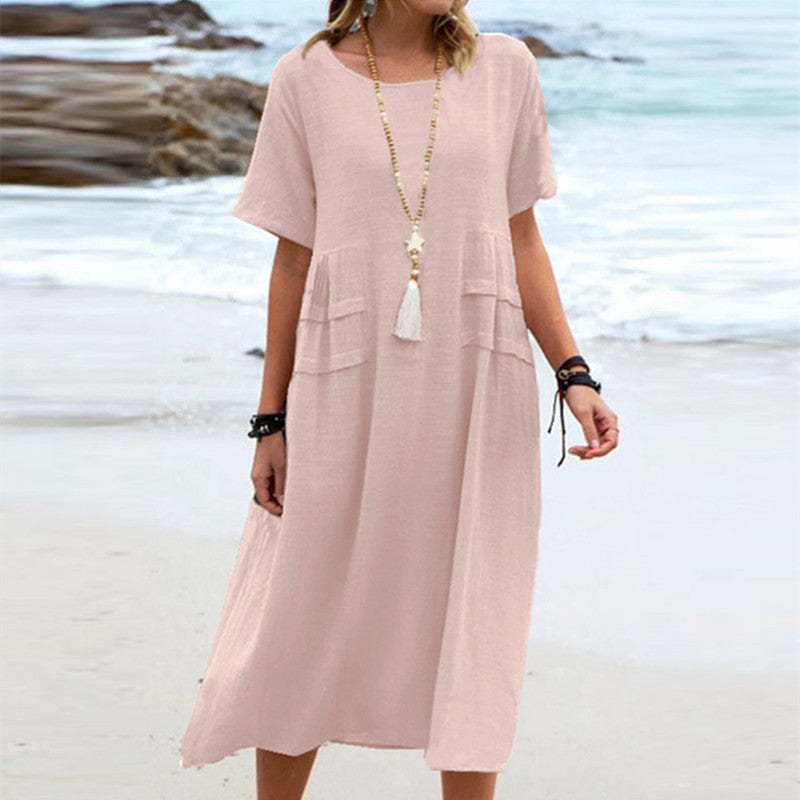 Women's Breathable Cotton-Linen Midi Dress – Relaxed Short-Sleeve Beach Style