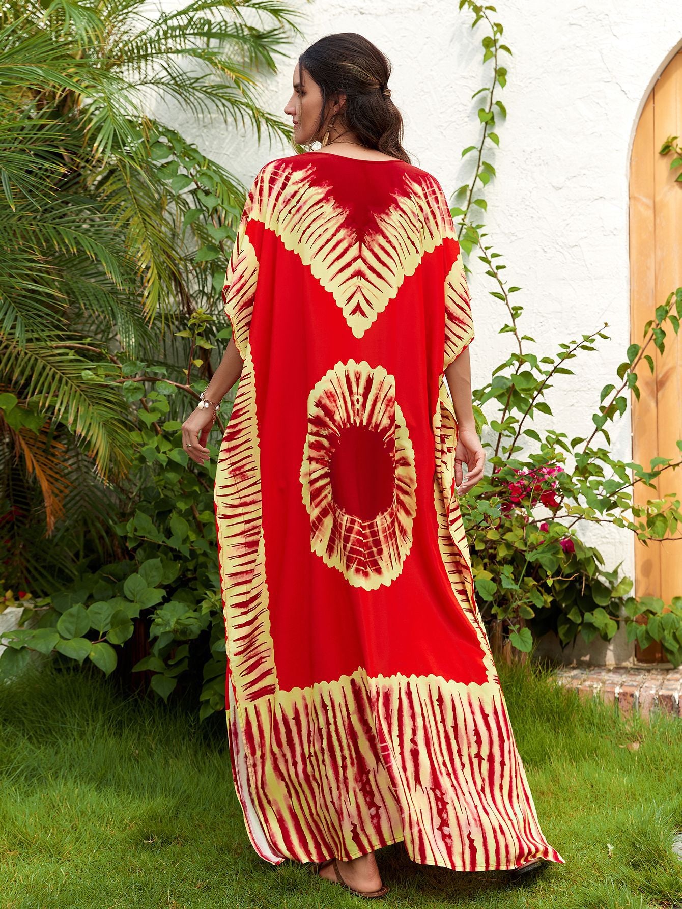 Women's Printed V-Neck Maxi Holiday Dress - Relaxed One Size Daywear
