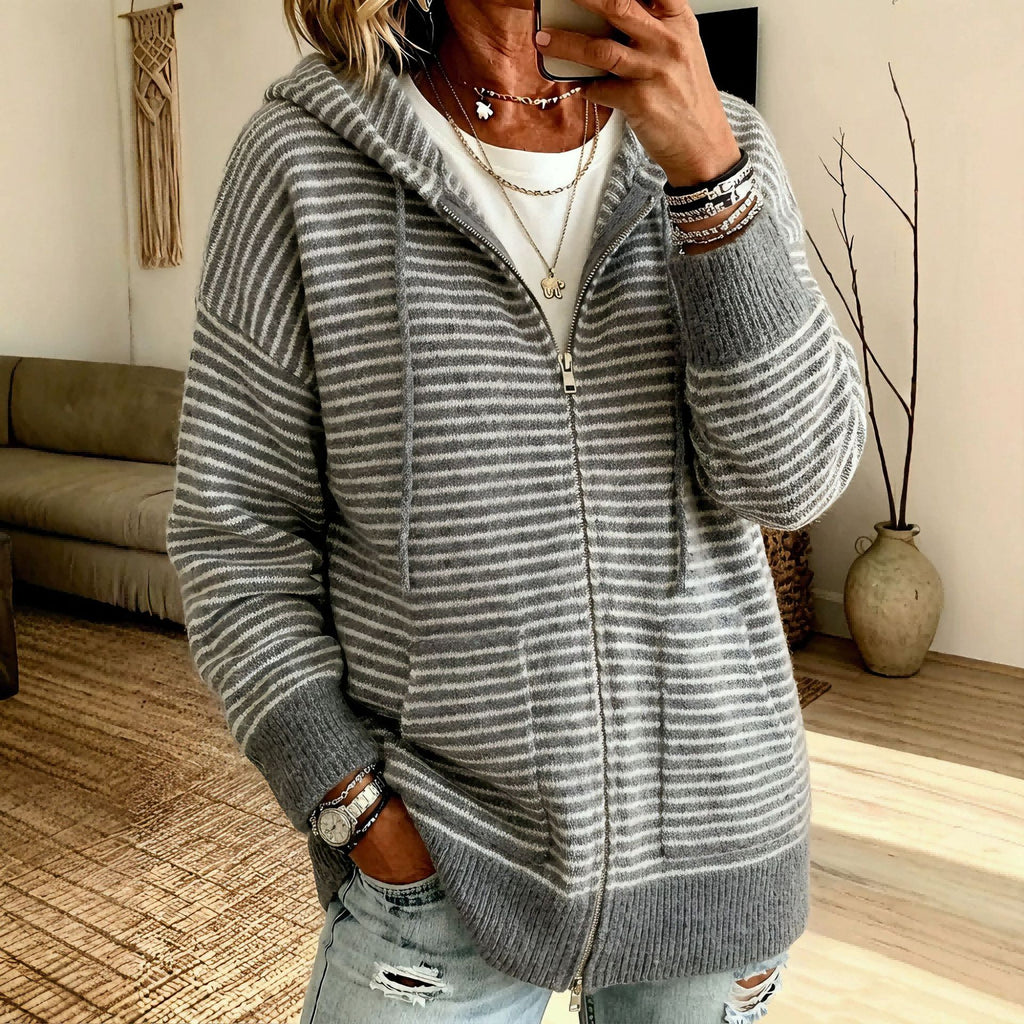 Striped Hooded Knit Cardigan - Cozy and Casual