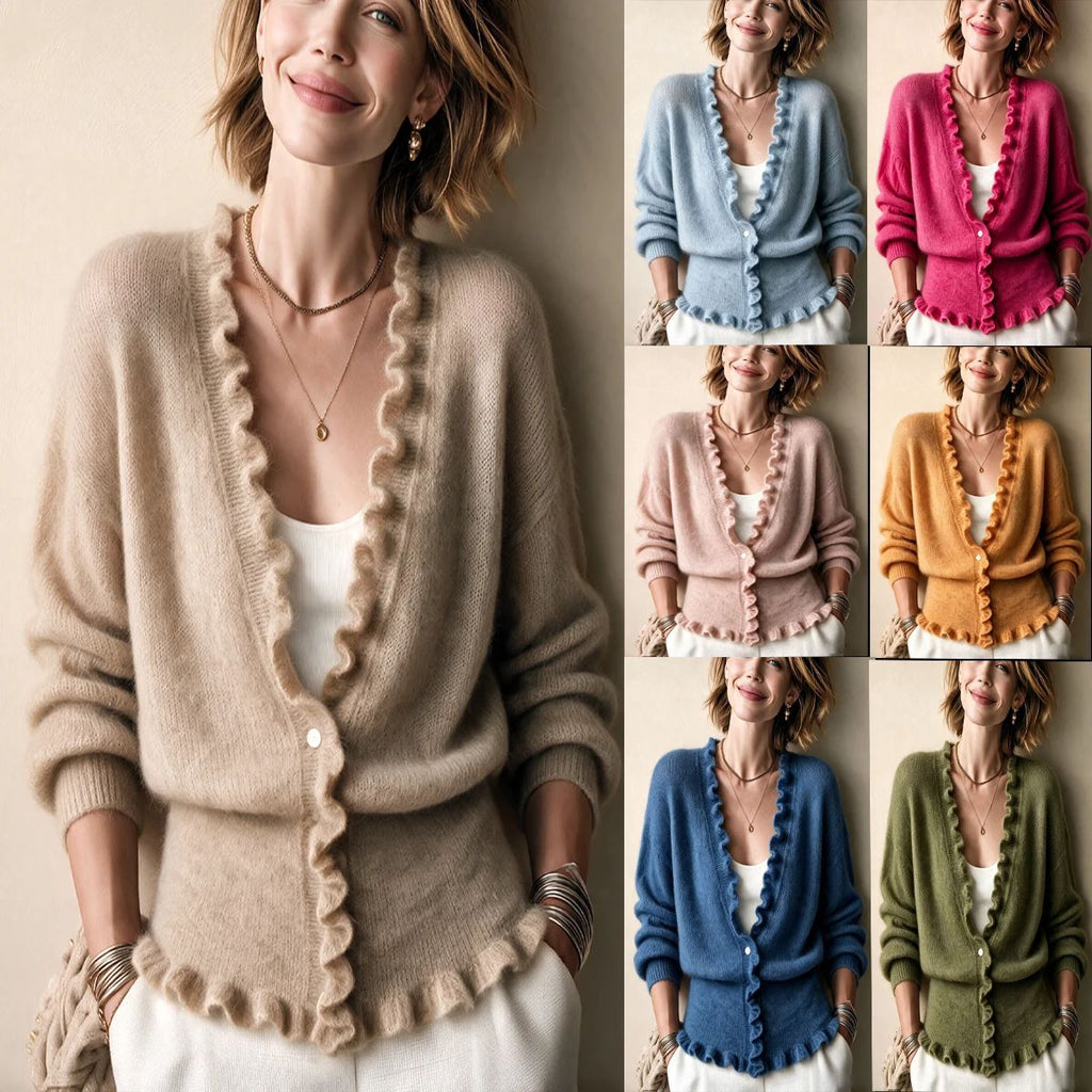 V-Neck Ruffle Hem Cardigan - Soft and Feminine