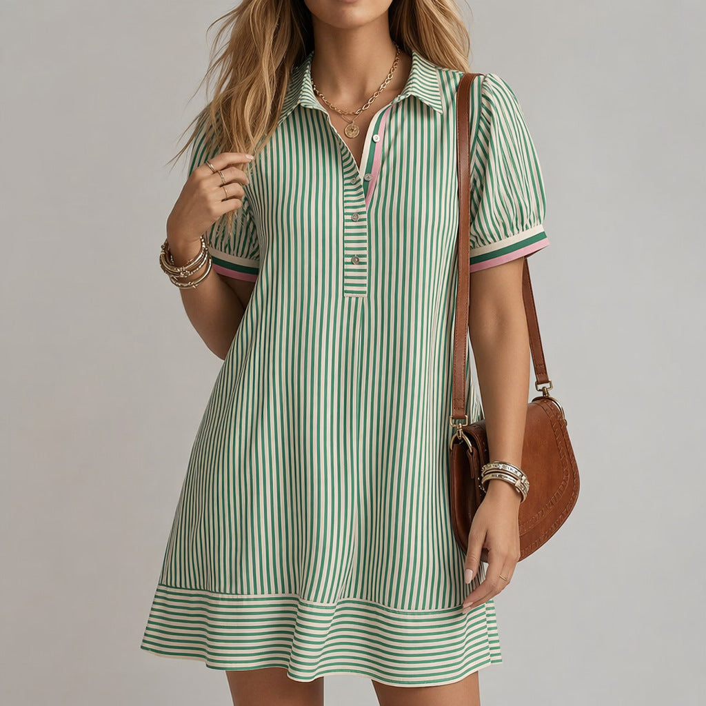 Women's Puff-Sleeve Midi Shirt Dress – Striped Stand-Collar Casual Style