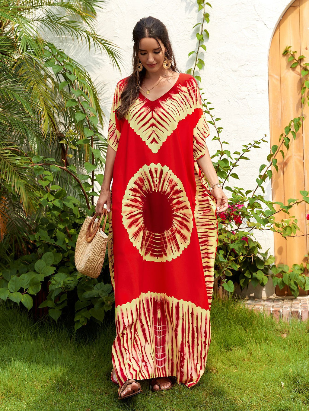 Women's Printed V-Neck Maxi Holiday Dress - Relaxed One Size Daywear