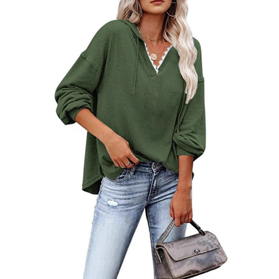 Women's Hooded Lace Sweatshirt - V-Neck Long Sleeve Casual Pullover