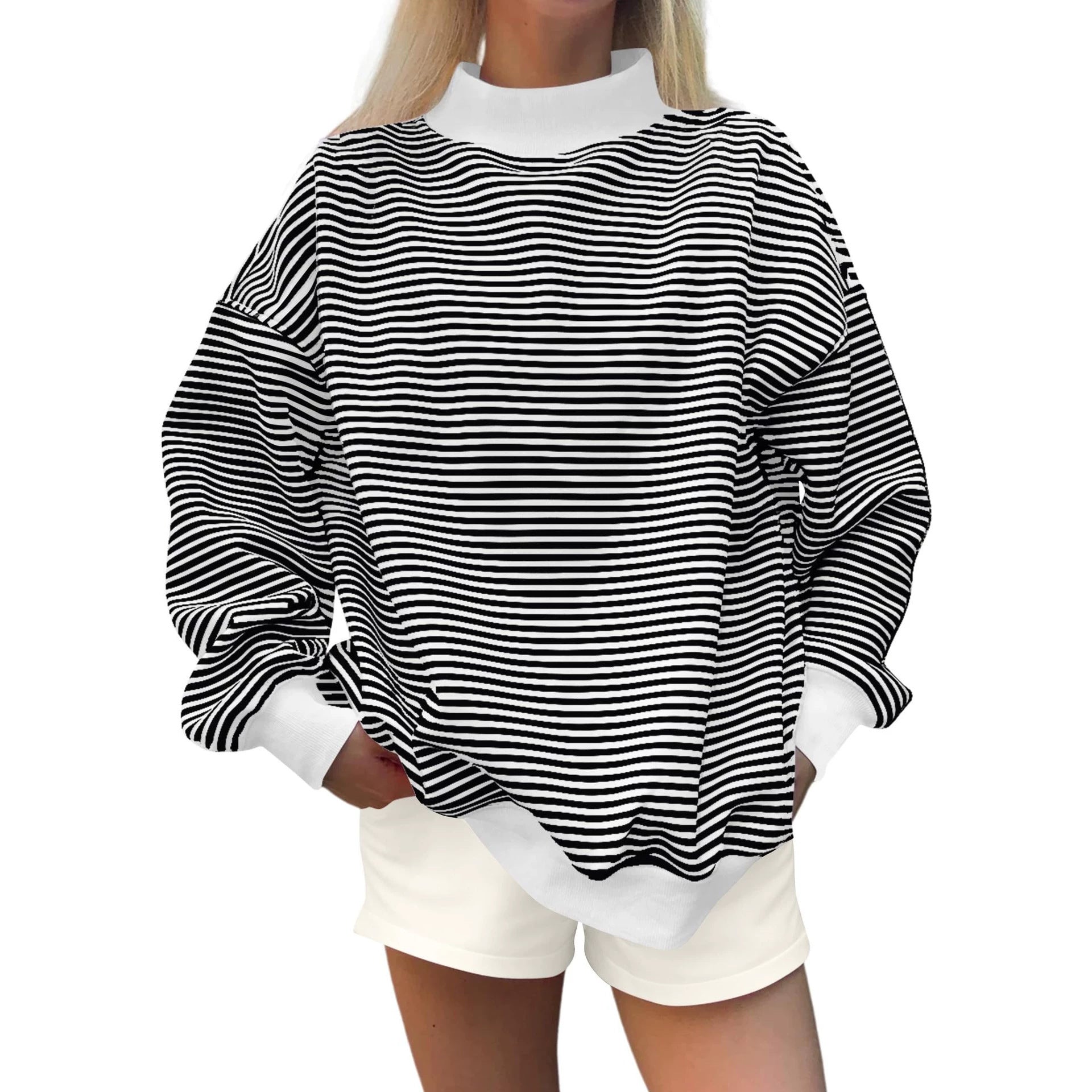 Women's Striped Crew Neck Sweater - Casual Relaxed Long Sleeve Knit
