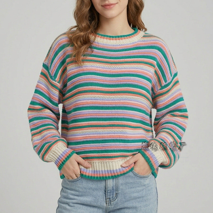 Women’s Striped Crew Neck Knit Sweater – Loose-Fit Cozy Casual Style