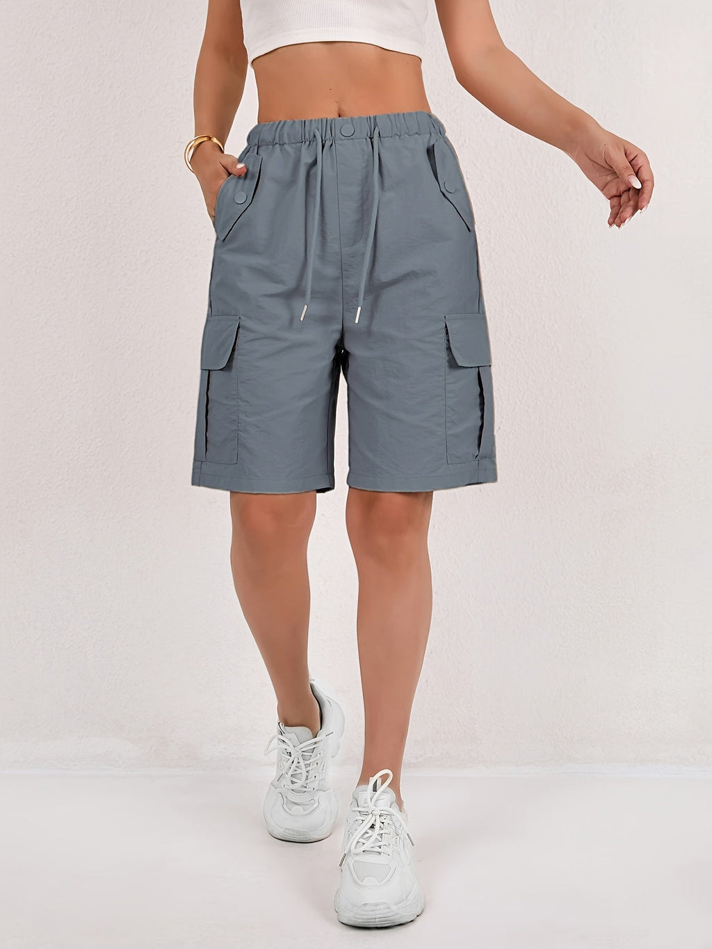 Women's Pink High-Waisted Drawstring Cargo Bermuda Shorts