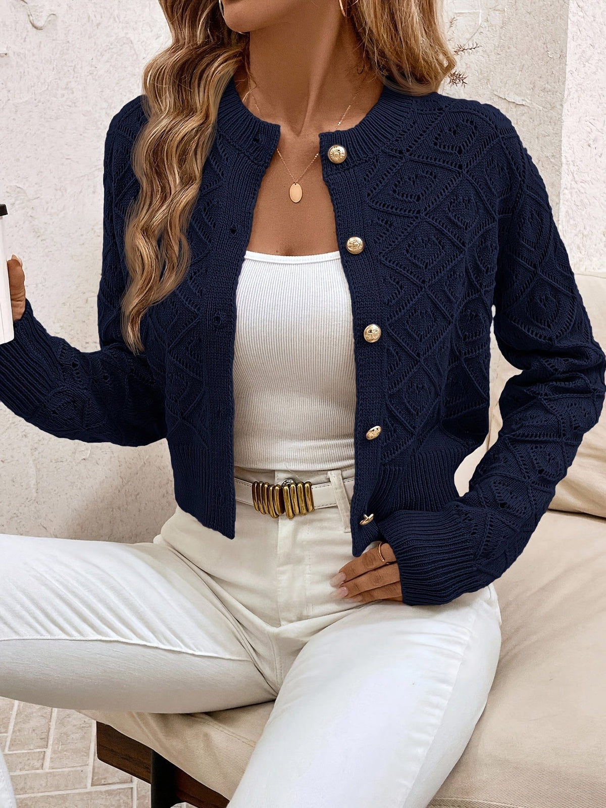 Buttoned Openwork Cardigan - Elegant and Light