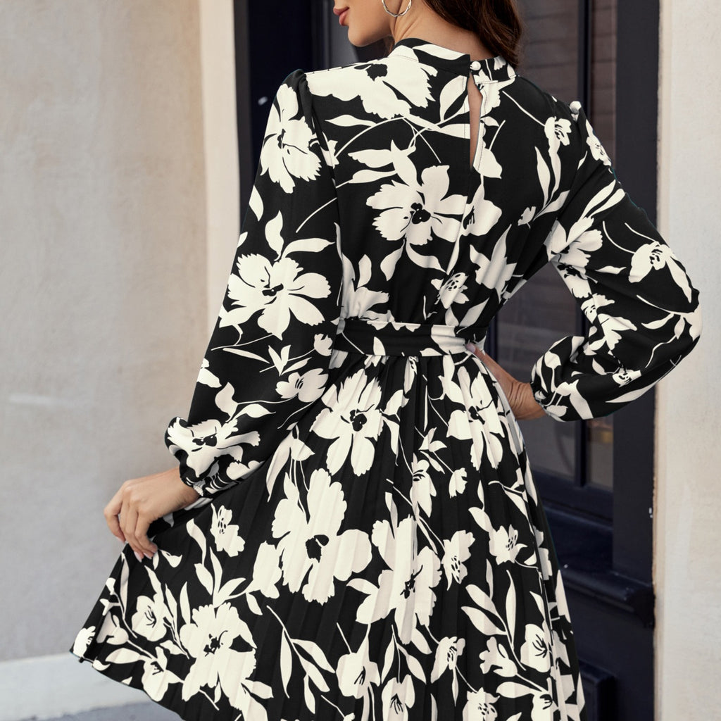 Women's Printed Long Sleeve Mini Dress - Crew Neck Casual Day Dress
