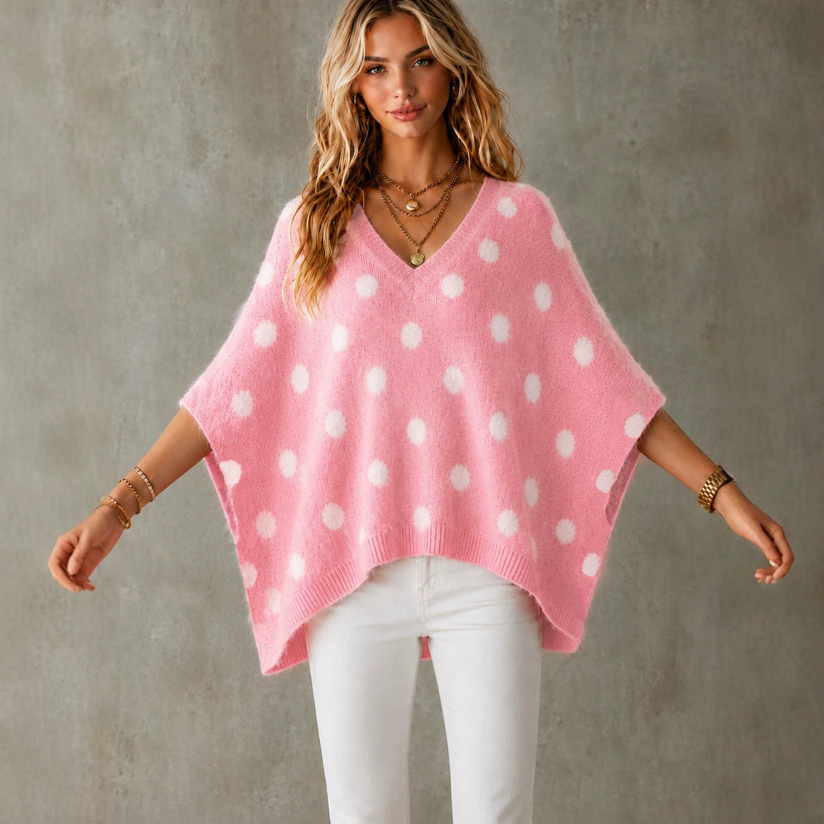 Polka-Dot V-Neck Knit Top - Light and Playful