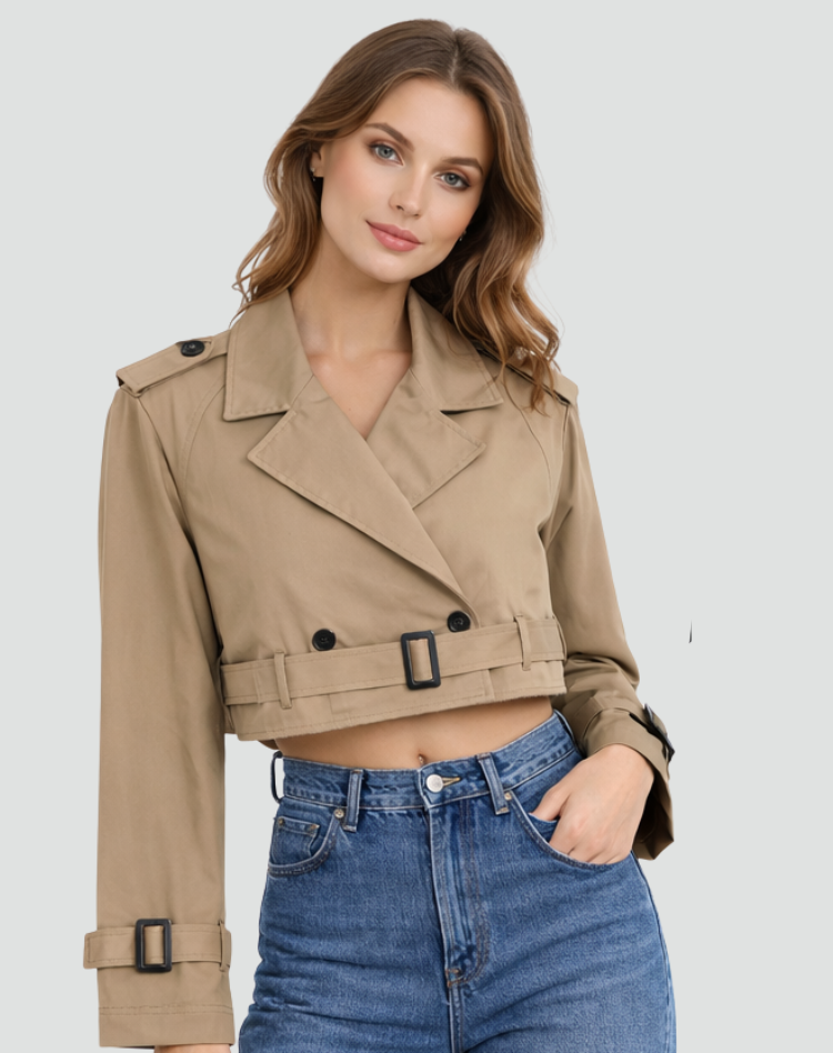 Women's Short Cotton Trench Coat - Classic Regular Fit Everyday Outerwear