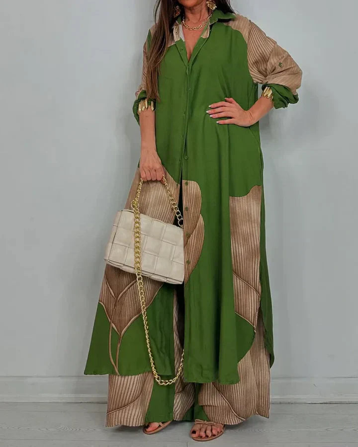 Women's Two-Piece Outfit Set - Button Shirt and Wide Leg Pants Matching Set