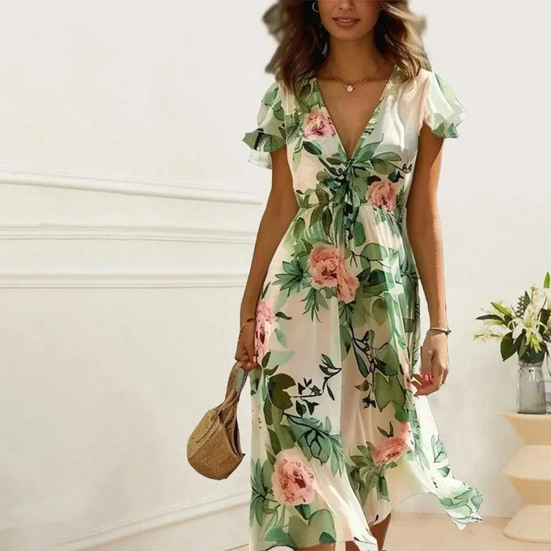Women's Green Floral Midi Dress – Elegant Flowy Summer Occasion Dress