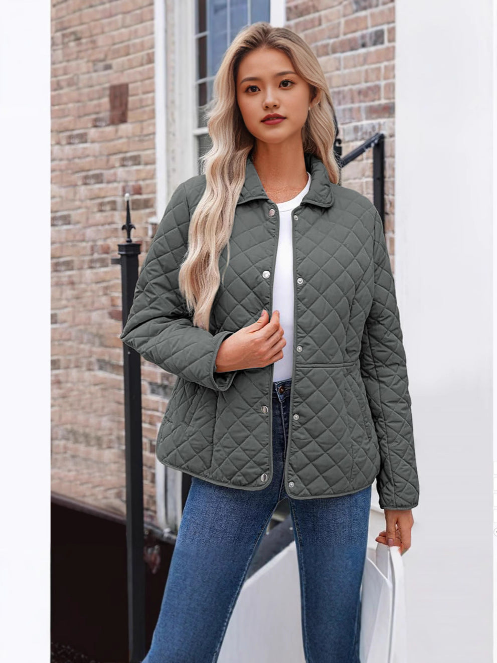 Women’s Solid Color Quilted Jacket – Casual Lapel Warm Outerwear Style